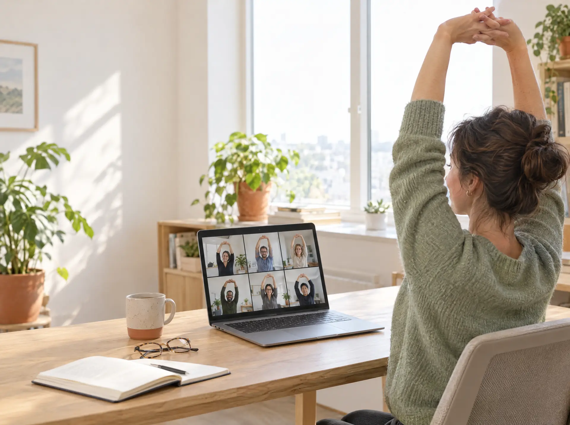 Helles Büro: Eine Frau streckt am Schreibtisch beide Arme über den Kopf, auf ihrem Laptop machen Kolleginnen und Kollegen im Videocall dieselbe Übung. (KI-generiert)