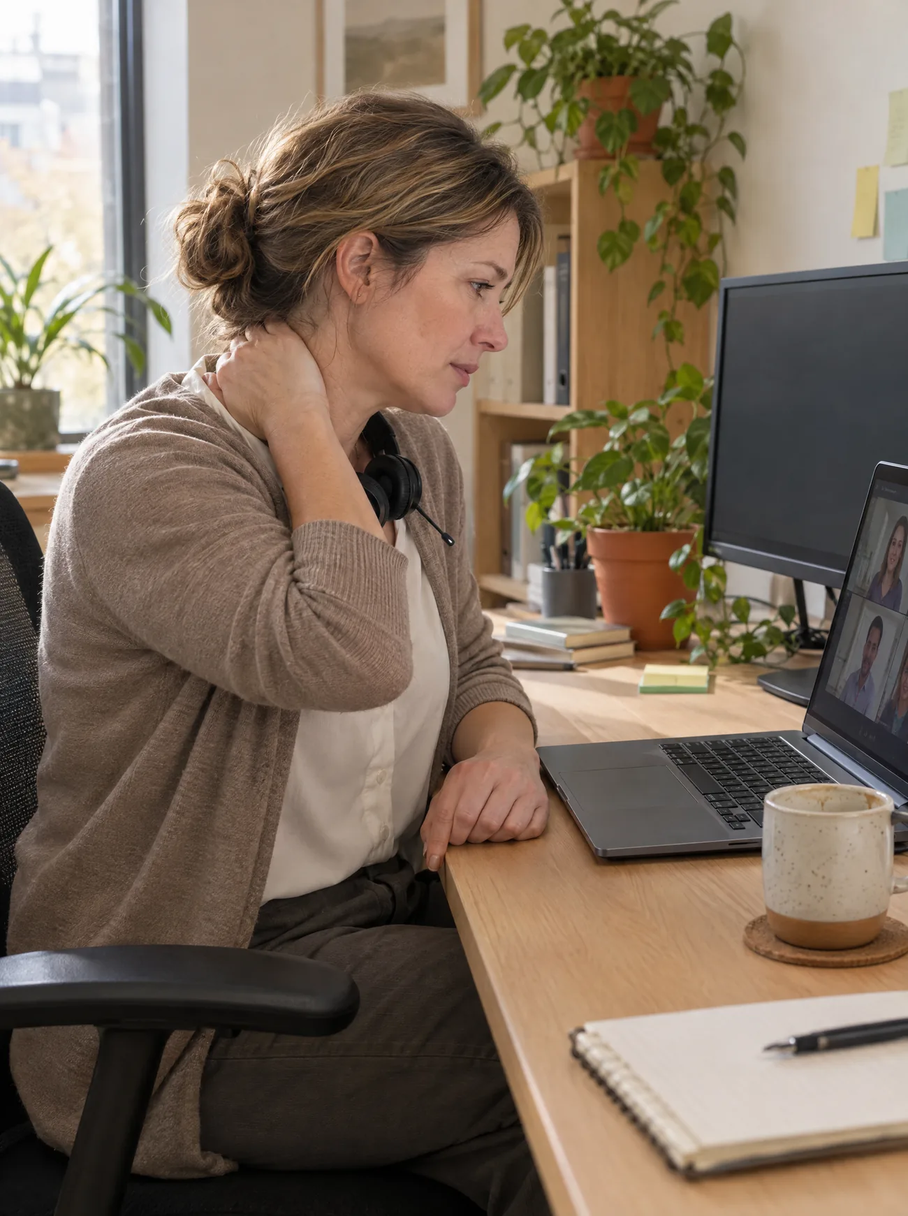 Frau am Schreibtisch in einem Videocall, die Hand im steifen Nacken, ein Headset um den Hals, daneben eine Tasse Kaffee. (KI-generiert)