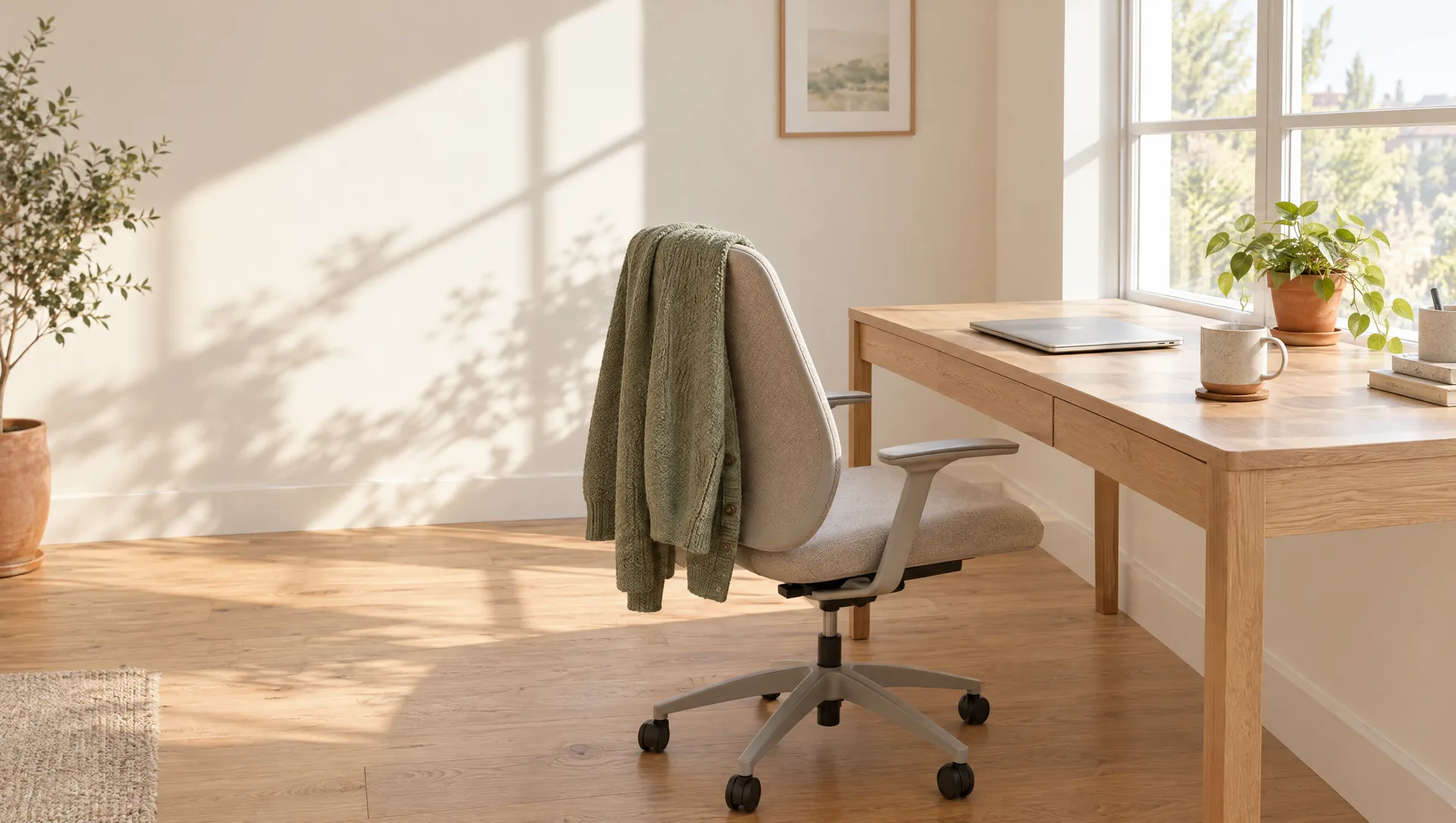 Heller Schreibtisch am Fenster, der Bürostuhl zurückgeschoben, über der Lehne eine Strickjacke, daneben eine Tasse Tee. (KI-generiert)
