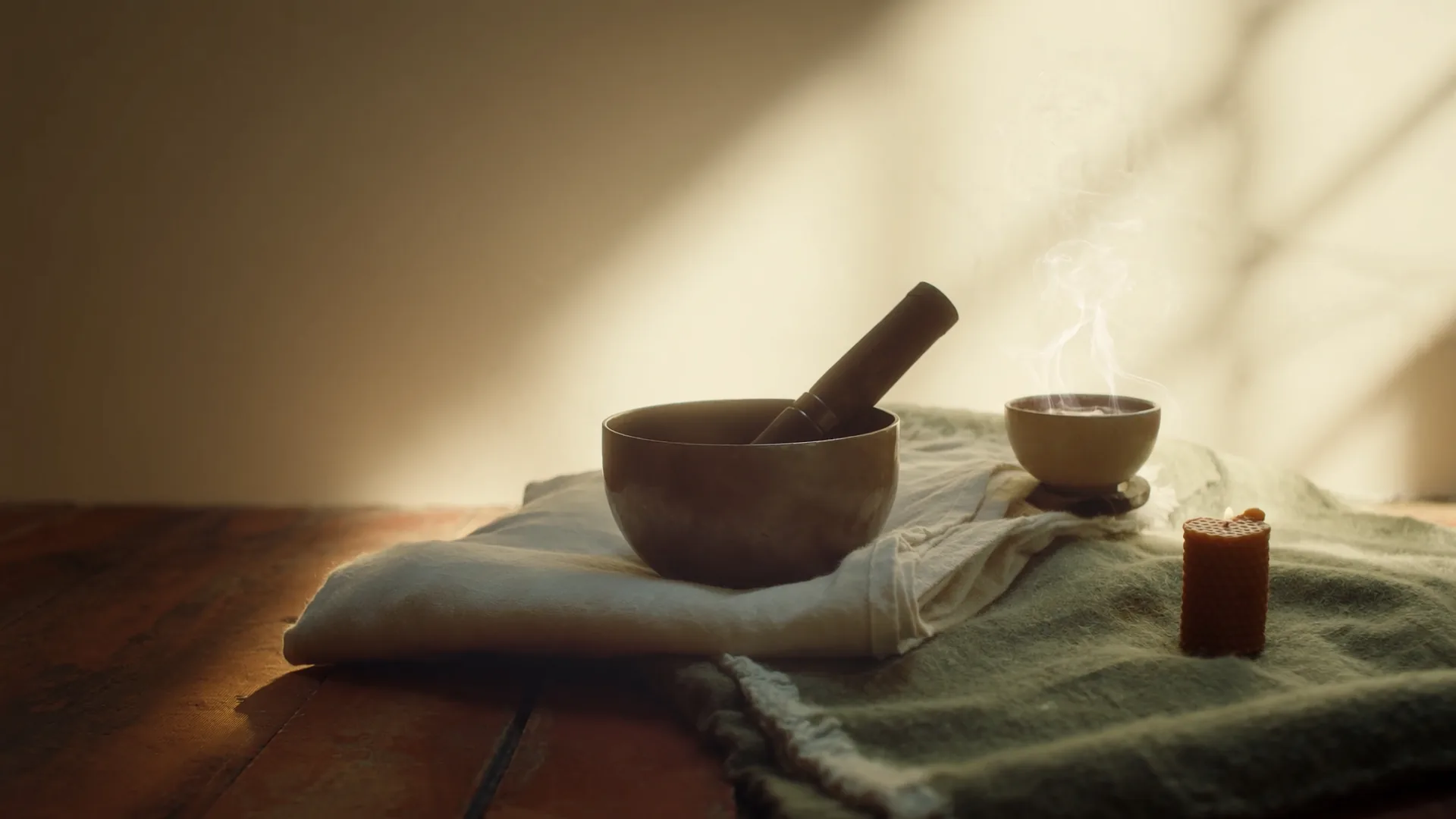 Klangschale mit hölzernem Klöppel auf einer gefalteten Leinendecke, daneben eine dampfende Tasse auf warmem Holzboden im Abendlicht. (KI-generiert)