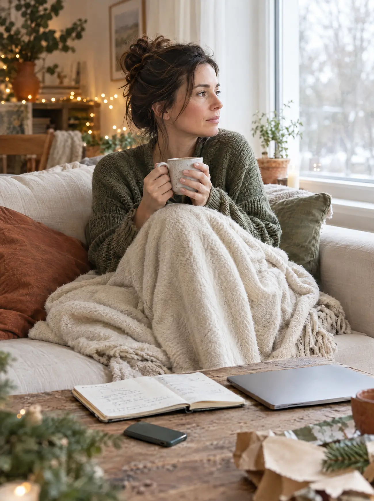 Frau Ende dreißig zwischen den Jahren auf dem Sofa am Fenster, in eine Wolldecke gehüllt, eine Tasse in beiden Händen, den Blick nachdenklich nach draußen. Auf dem Holztisch ein offenes Notizbuch, Laptop, Handy und Reste von Geschenkpapier, im Hintergrund eine Lichterkette. (KI-generiert)